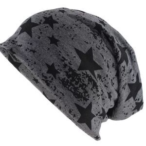 NEW Beanie Cap Dark Gray Graphic Black Stars Slouchy Skull Caps Headwear